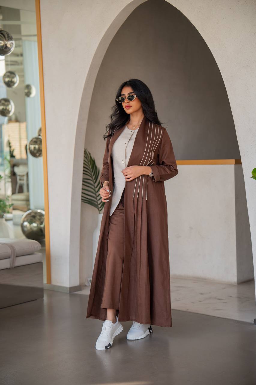 Abaya with inner set made of linen, brown with beige inserts C:6637