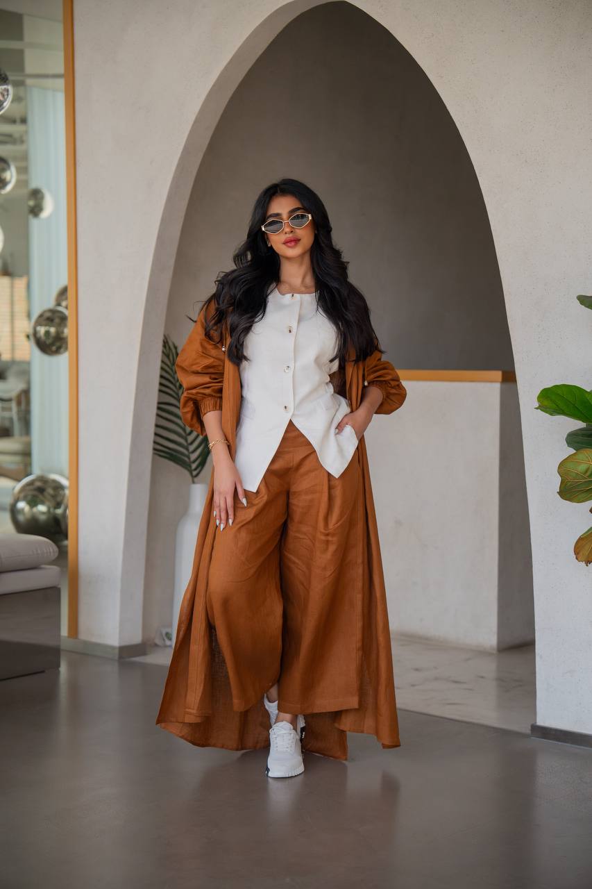 Free size linen abaya in camel color, with inner set C:6634 (Free size)