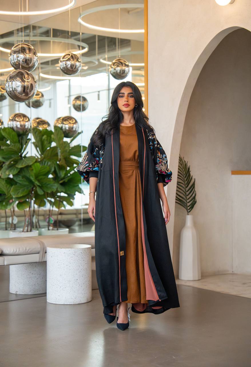 Free size black linen abaya with embroidery C:6631 Blue (Free size)