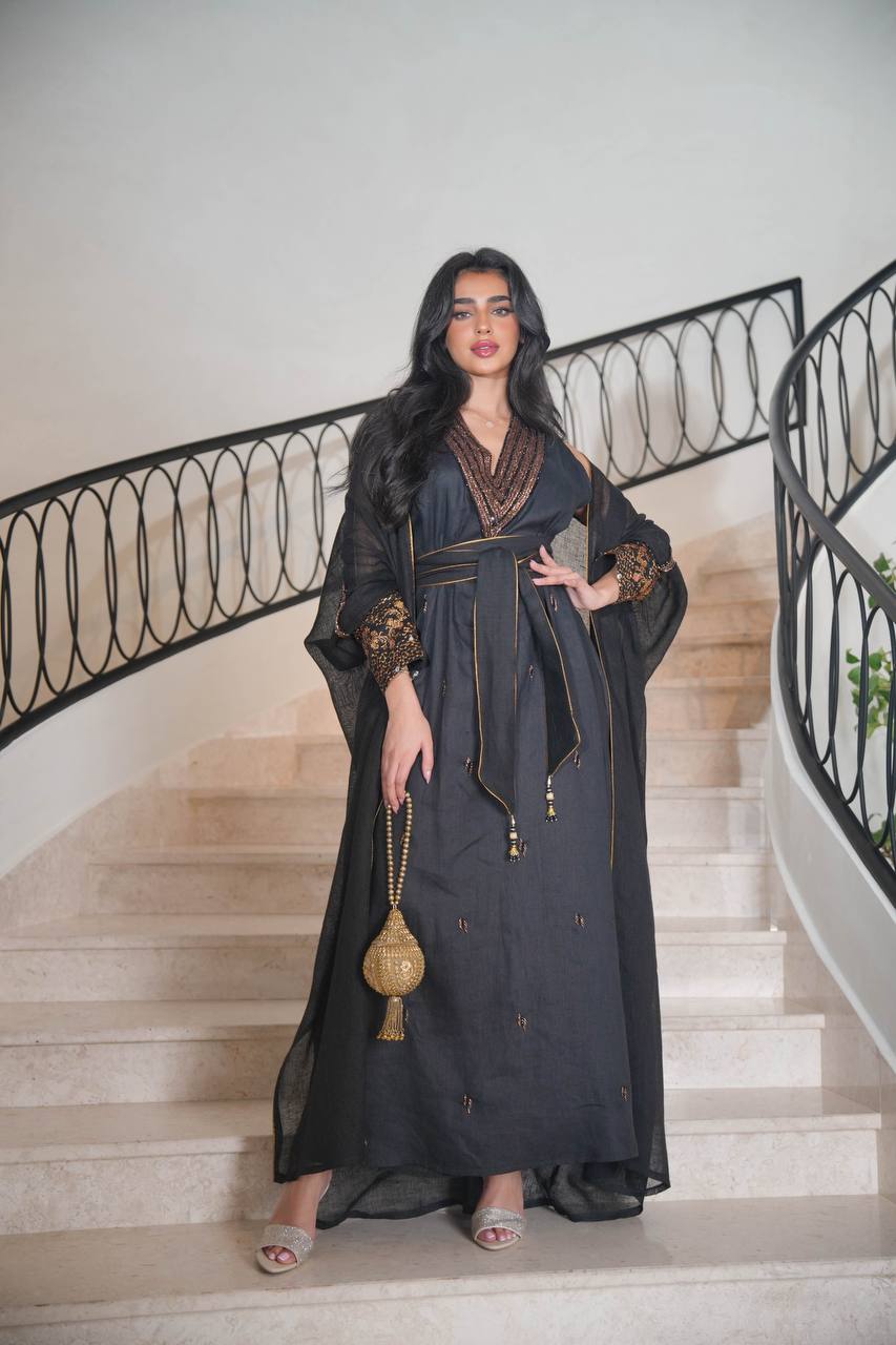 Burlap Bisht with Black Linen Dress with Hand Embroidery C:6613
