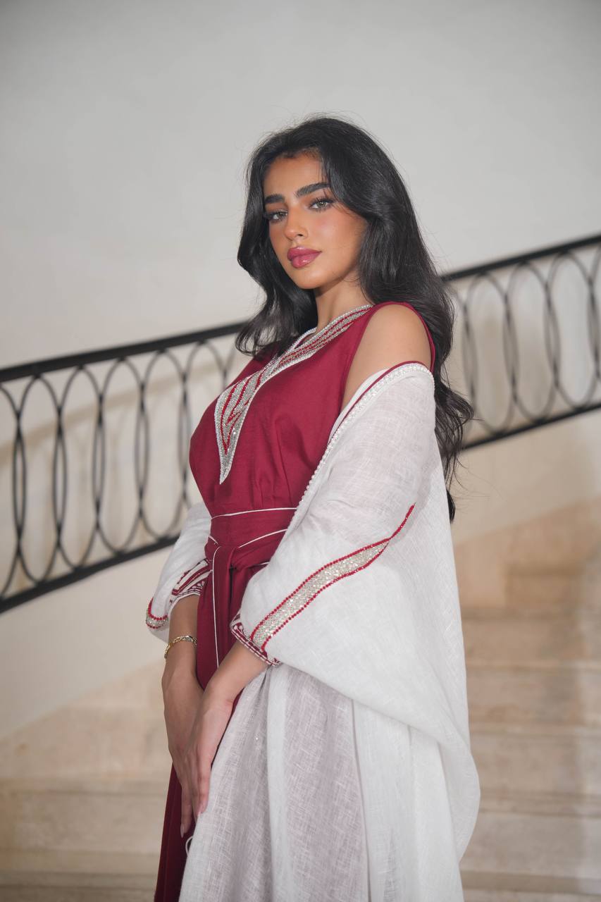 White burlap bisht with burgundy linen dress with embroidery C:6613