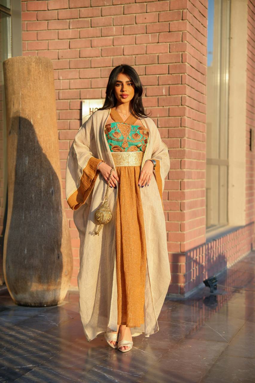 Light beige linen burlap bisht with camel linen dress C:6590