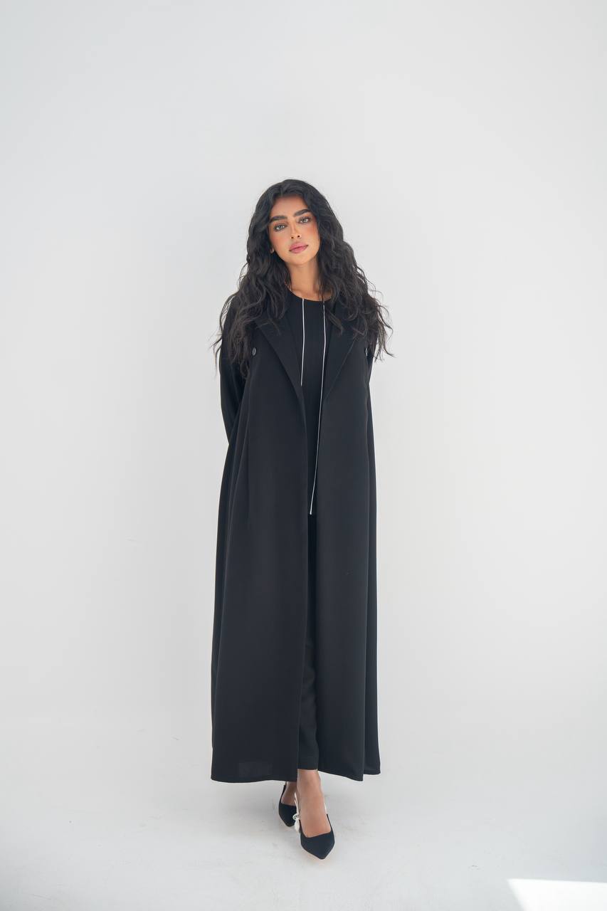 طقم عباية بليزر من الكريب الأسود مع بطانة داخلية، رقم الموديل: 6642، طقم أسود