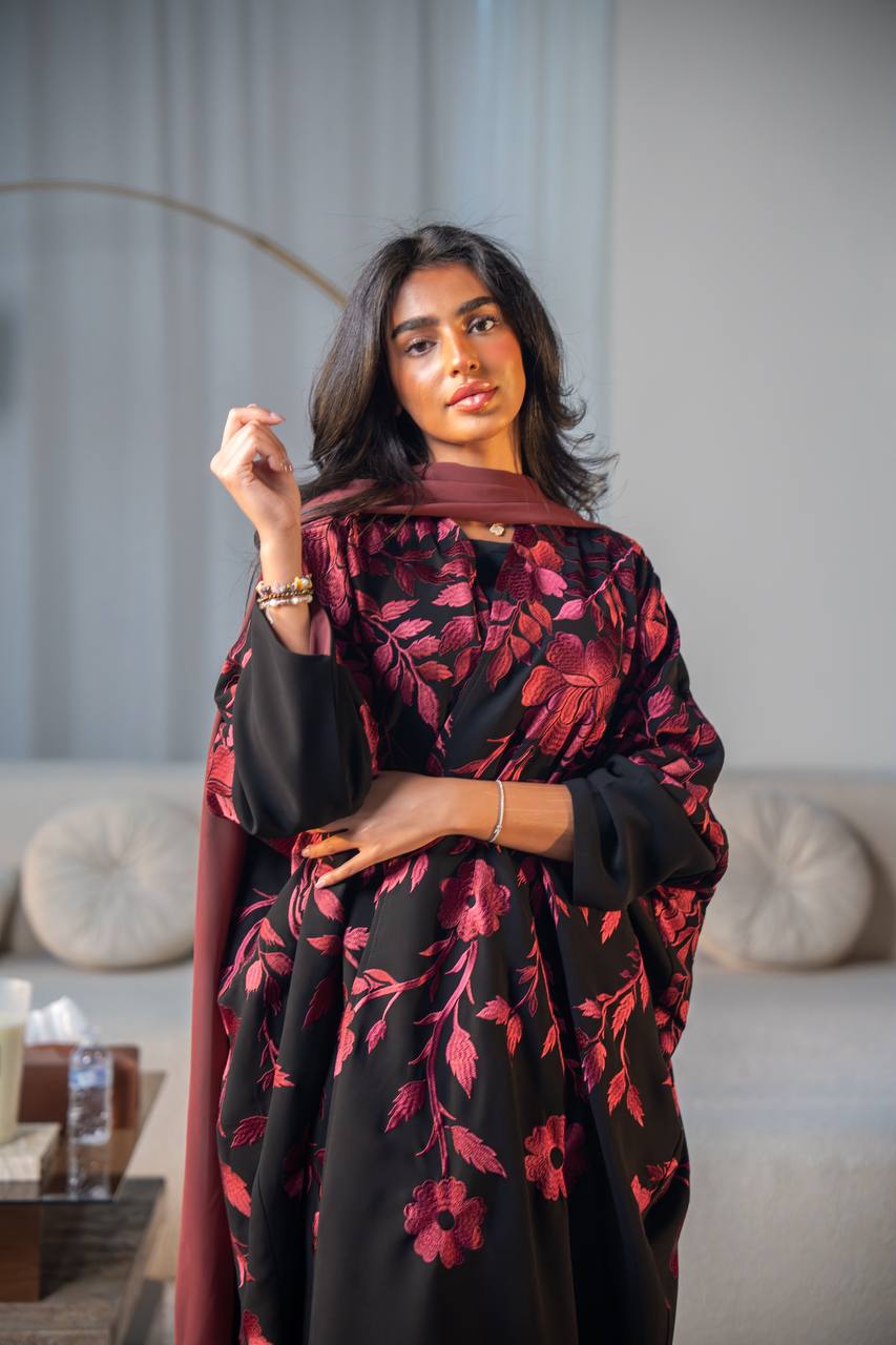 Black crepe abaya with red embroidery.C:6689