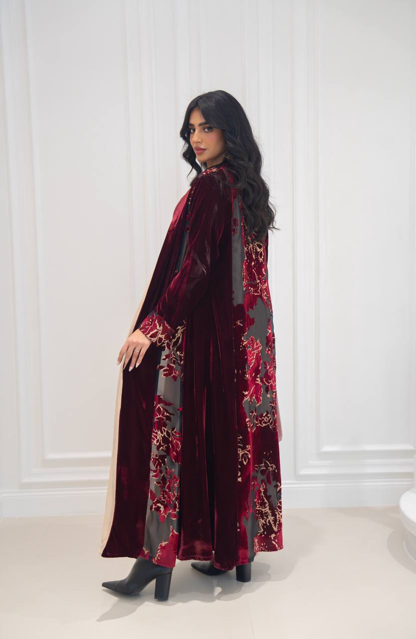 Burgundy velvet abaya. C:6573