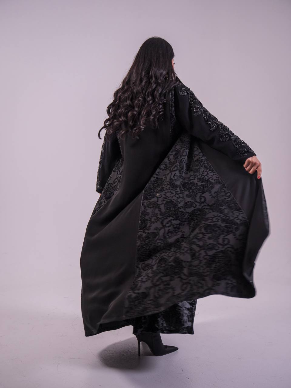 Crepe blazer abaya with black printed crepe and hand-stitched details.C:6733
