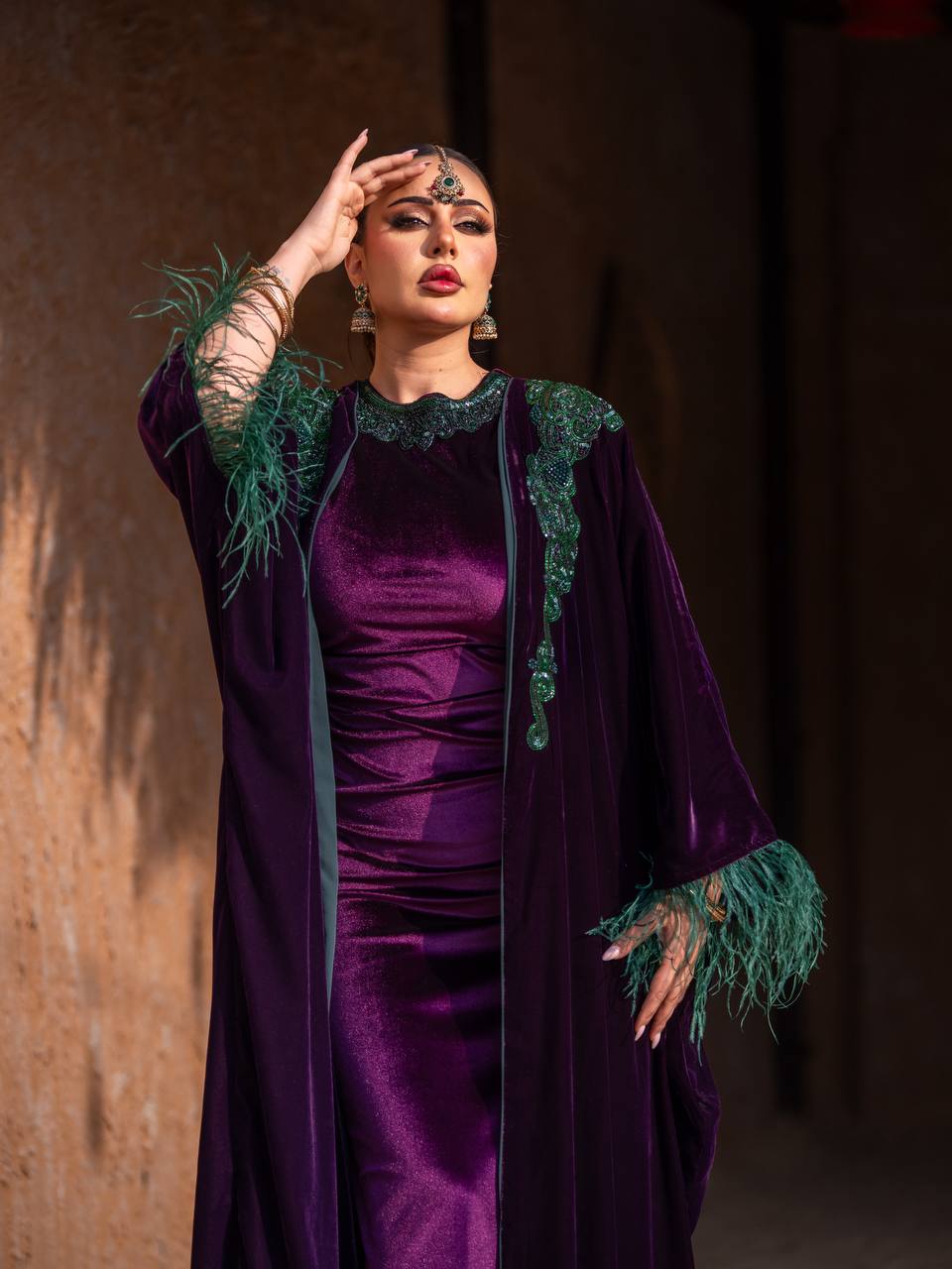 Velvet bisht and dress set in royal purple with hand embellishment.C:6715