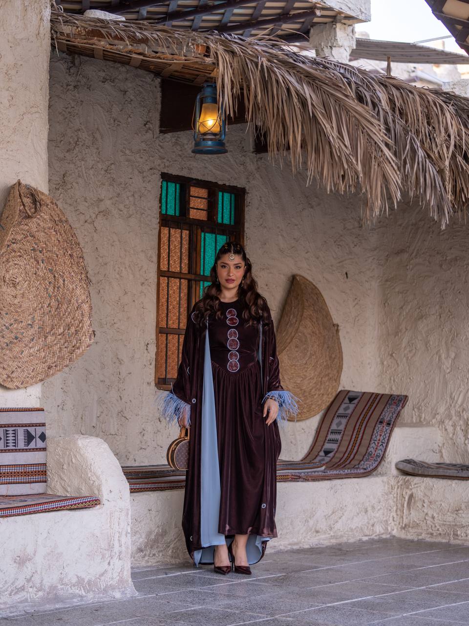 Bisht and dress set in brown velvet with hand embellishment.C:6718