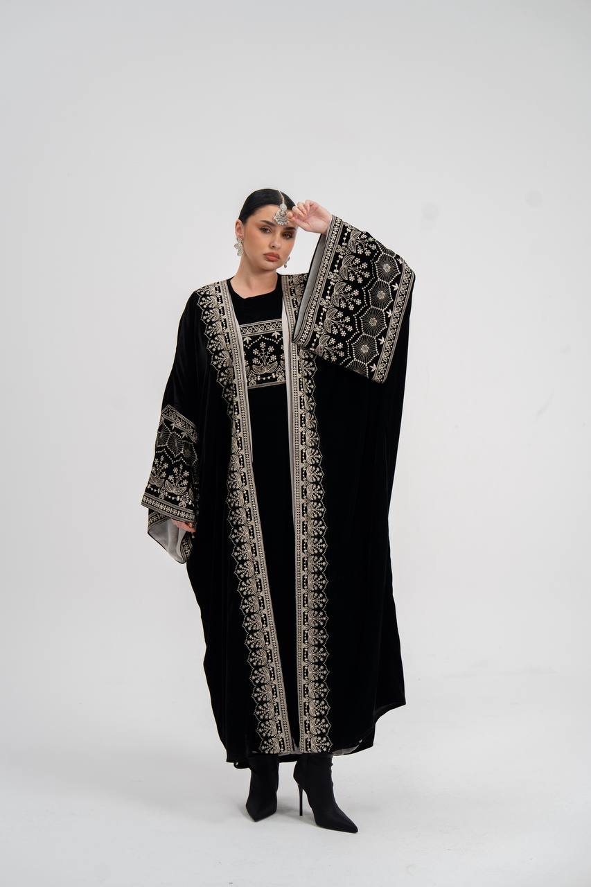 Black velvet abaya with embroidery (with inner set). C:6744
