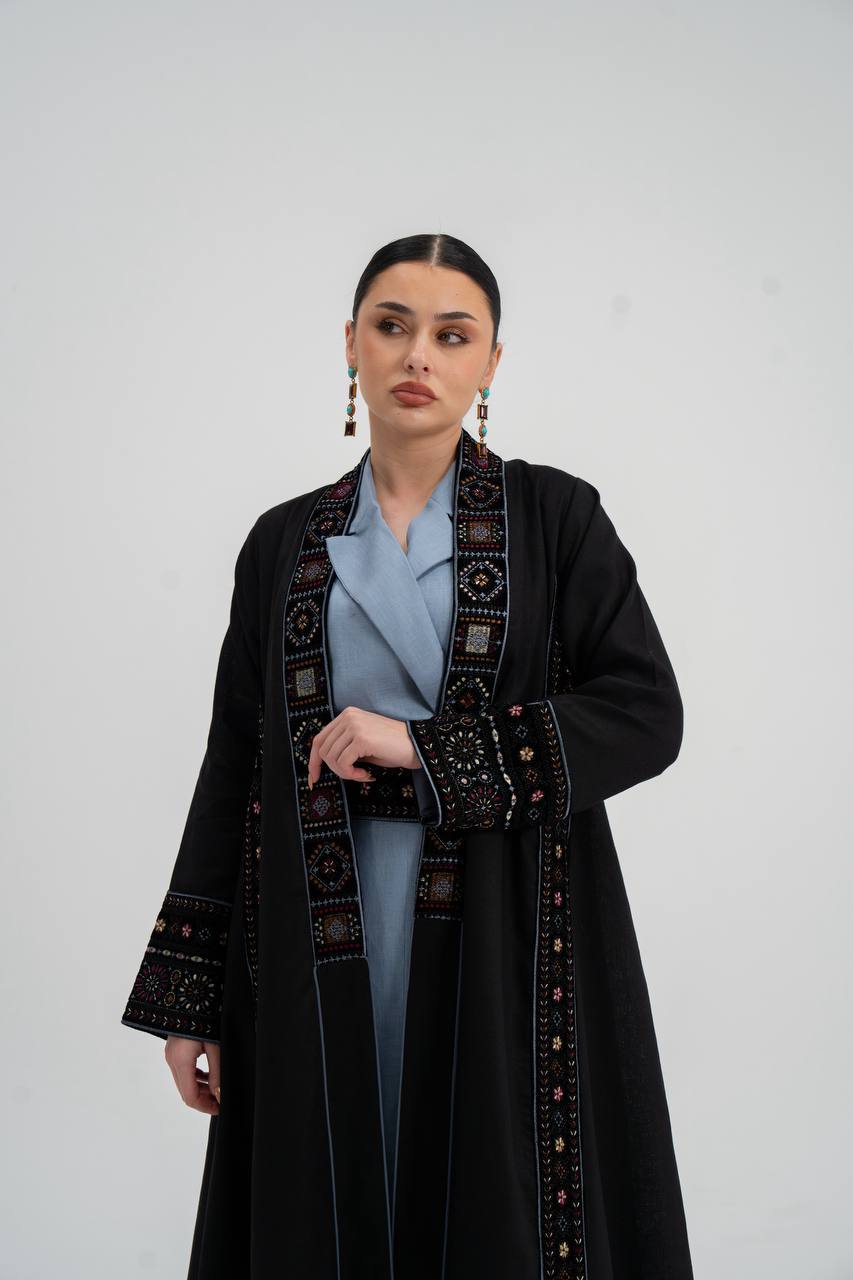 Linen abaya in black with embroidery.C:6746