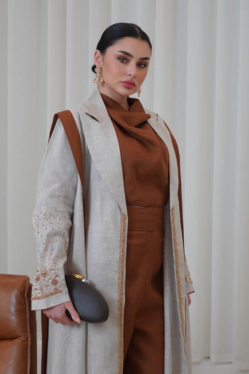 Beige linen blazer abaya with hand-stitched details.C:6751