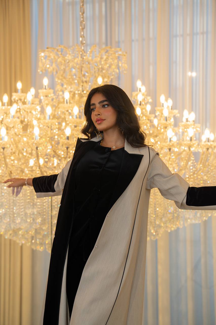 Beige crepe abaya with black velvet.C:6704