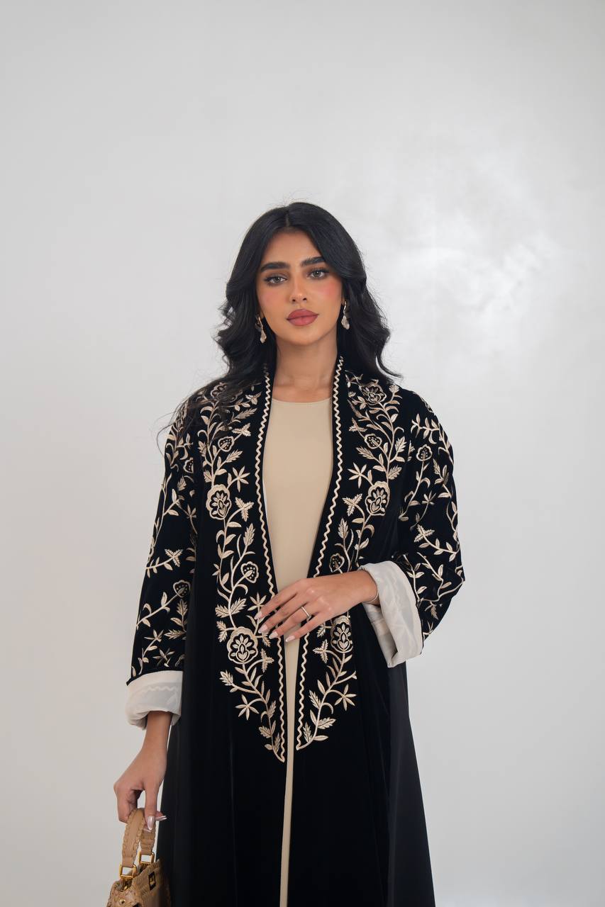 Black velvet abaya with embroidery. C:6710