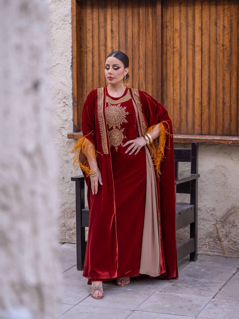 Bisht and dress set in burgundy velvet with hand embellishment.C:6714