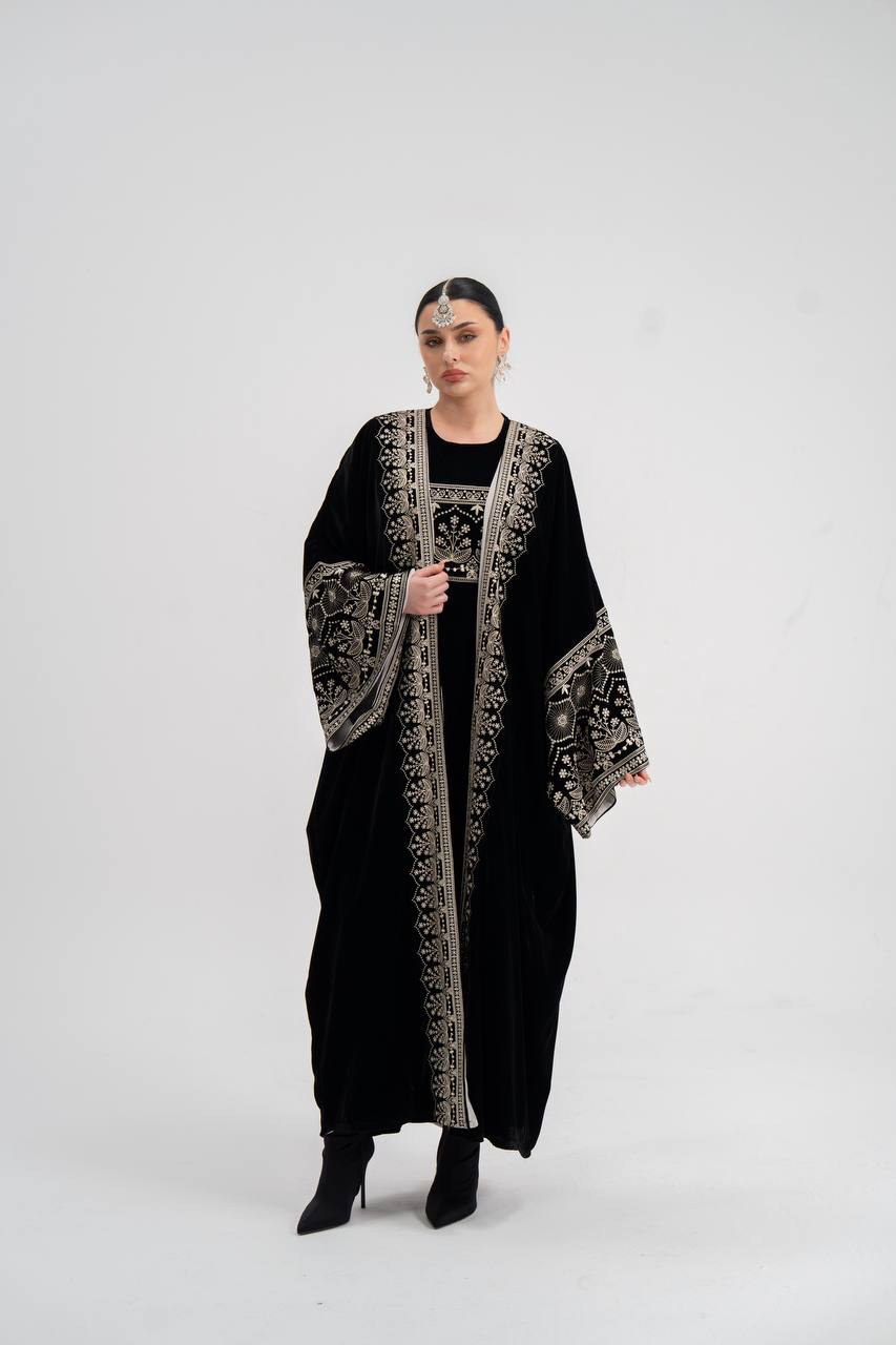 Black velvet abaya with embroidery (with inner set). C:6744