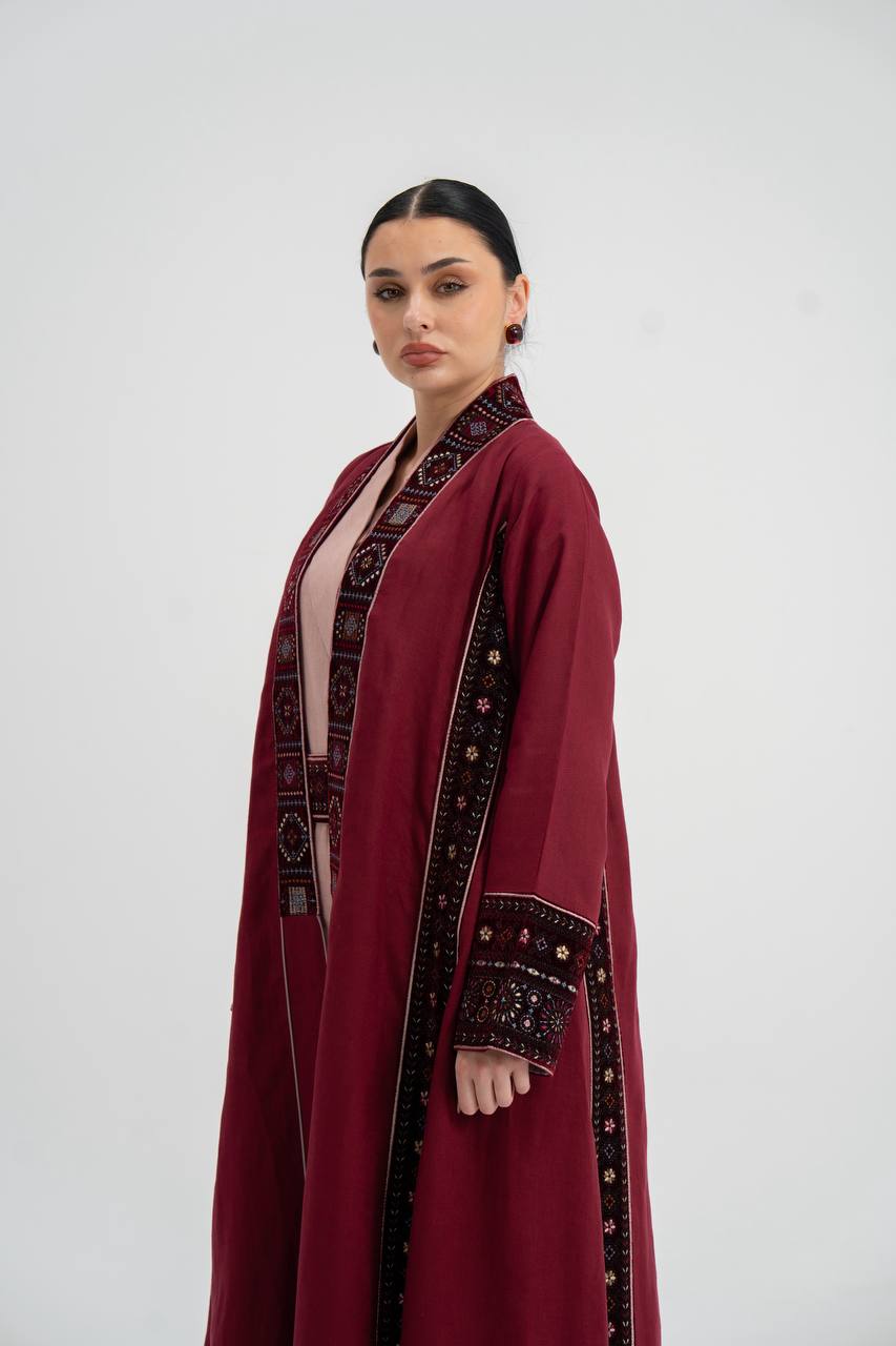 Red linen abaya with embroidery. C:6746
