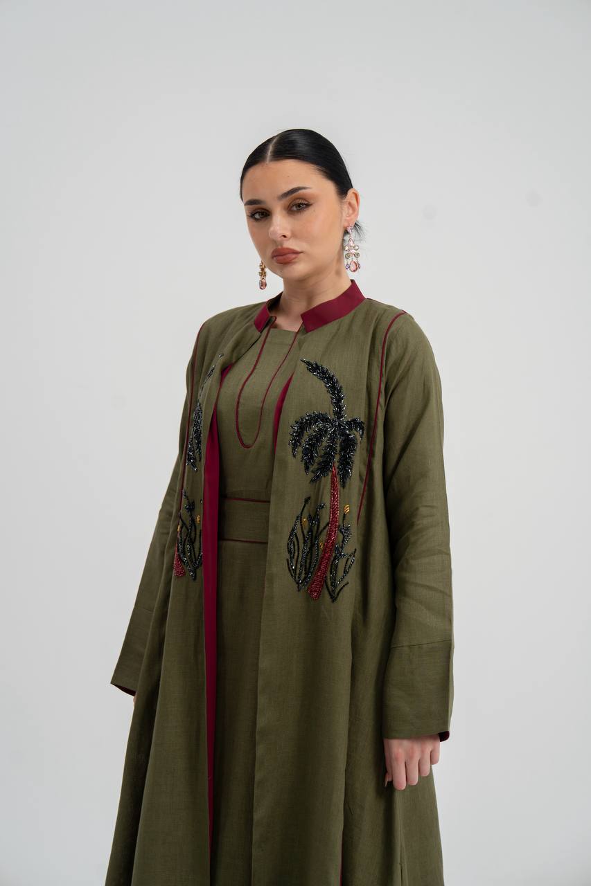Linen abaya in olive green with hand embroidery (with inner set). C:6748