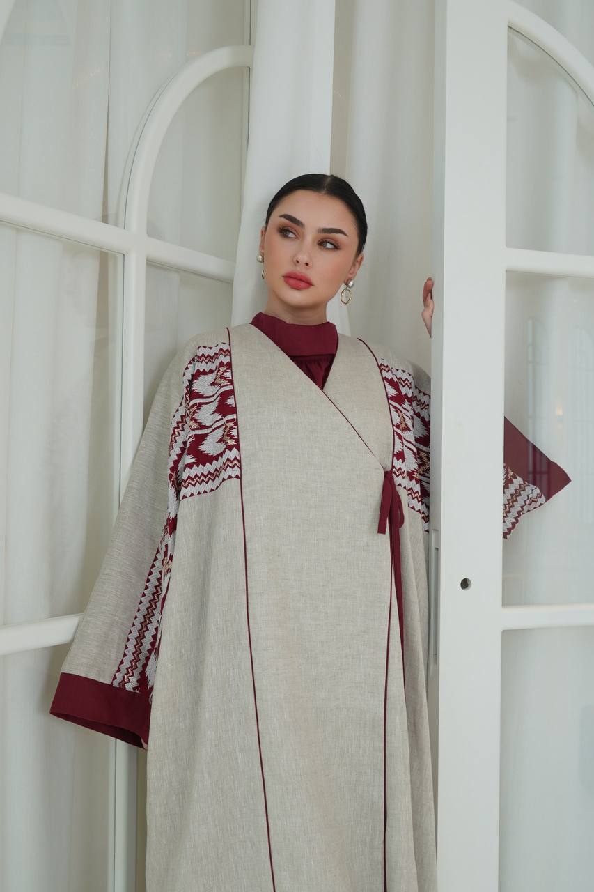 Beige linen abaya with embroidery. C:6757
