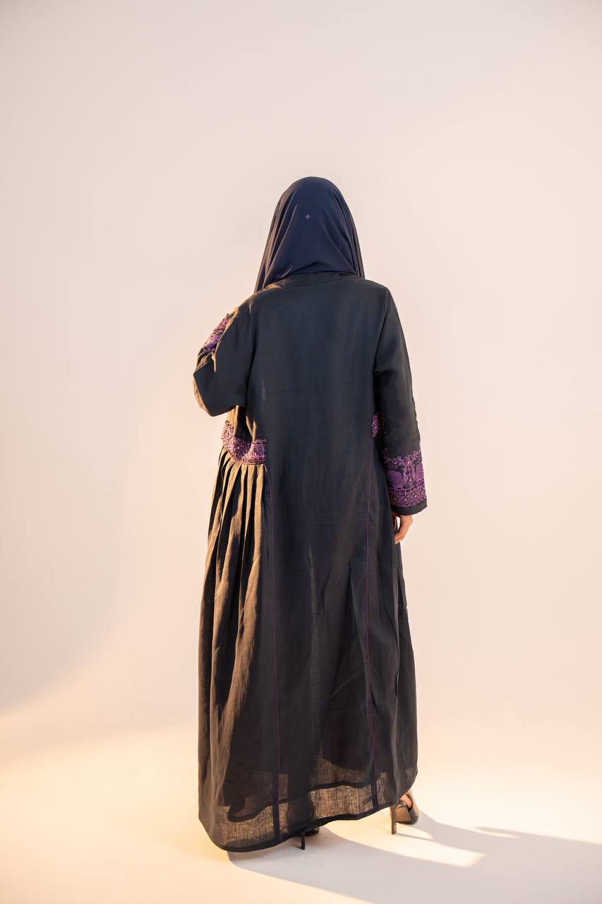 Navy blue linen abaya with purple embroidery. C:6691