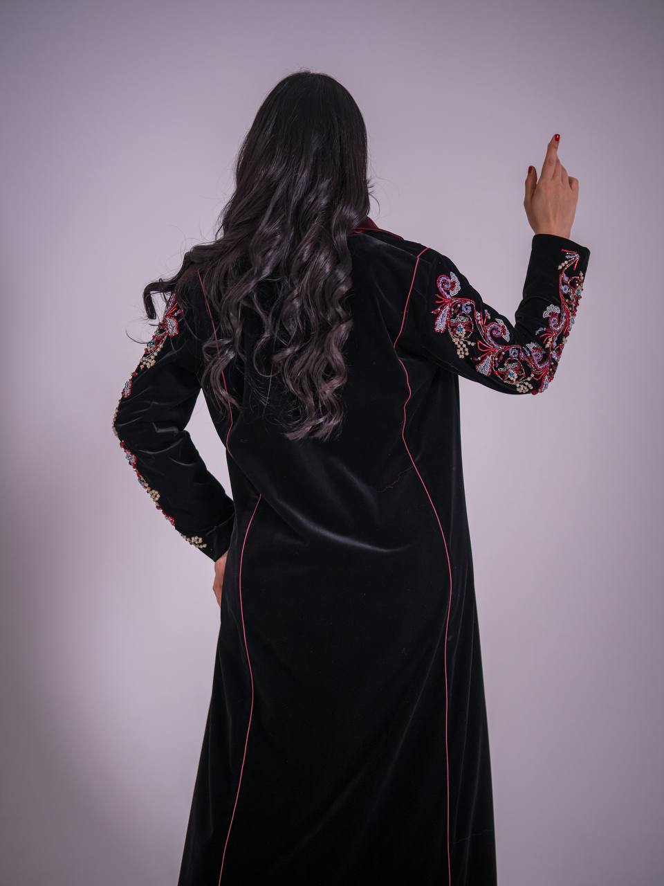 Black velvet blazer abaya with hand-stitched details. C:6735