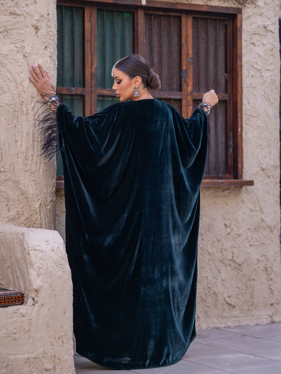 A set of bisht and dress, velvet in olive green with hand embroidery..C:6716