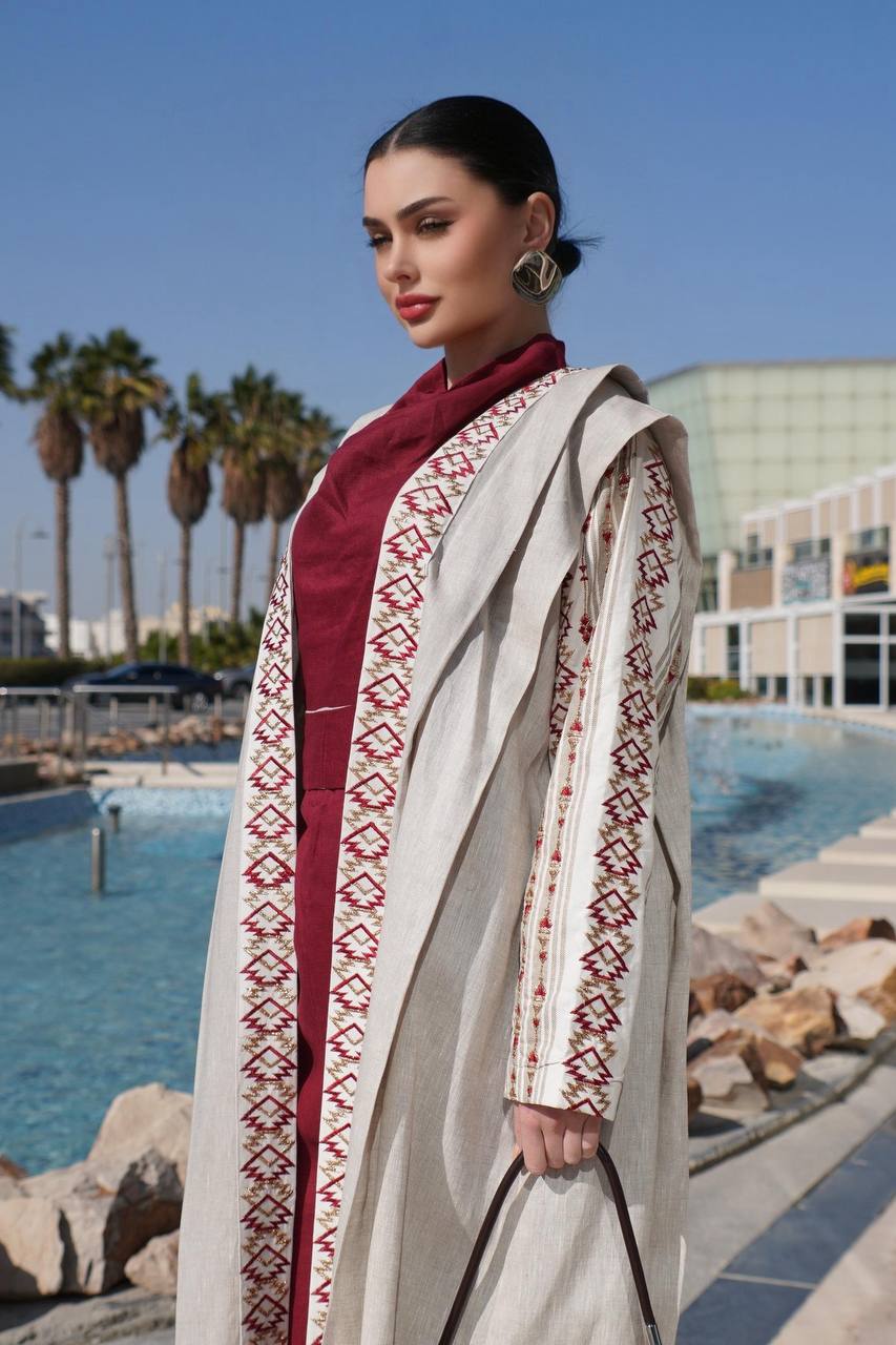 Beige linen abaya with embroidery. C:6758