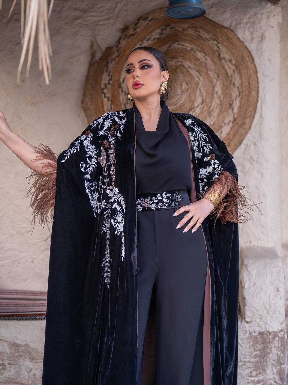 Velvet bisht and jumpsuit set in black with hand embellishment.C:6719