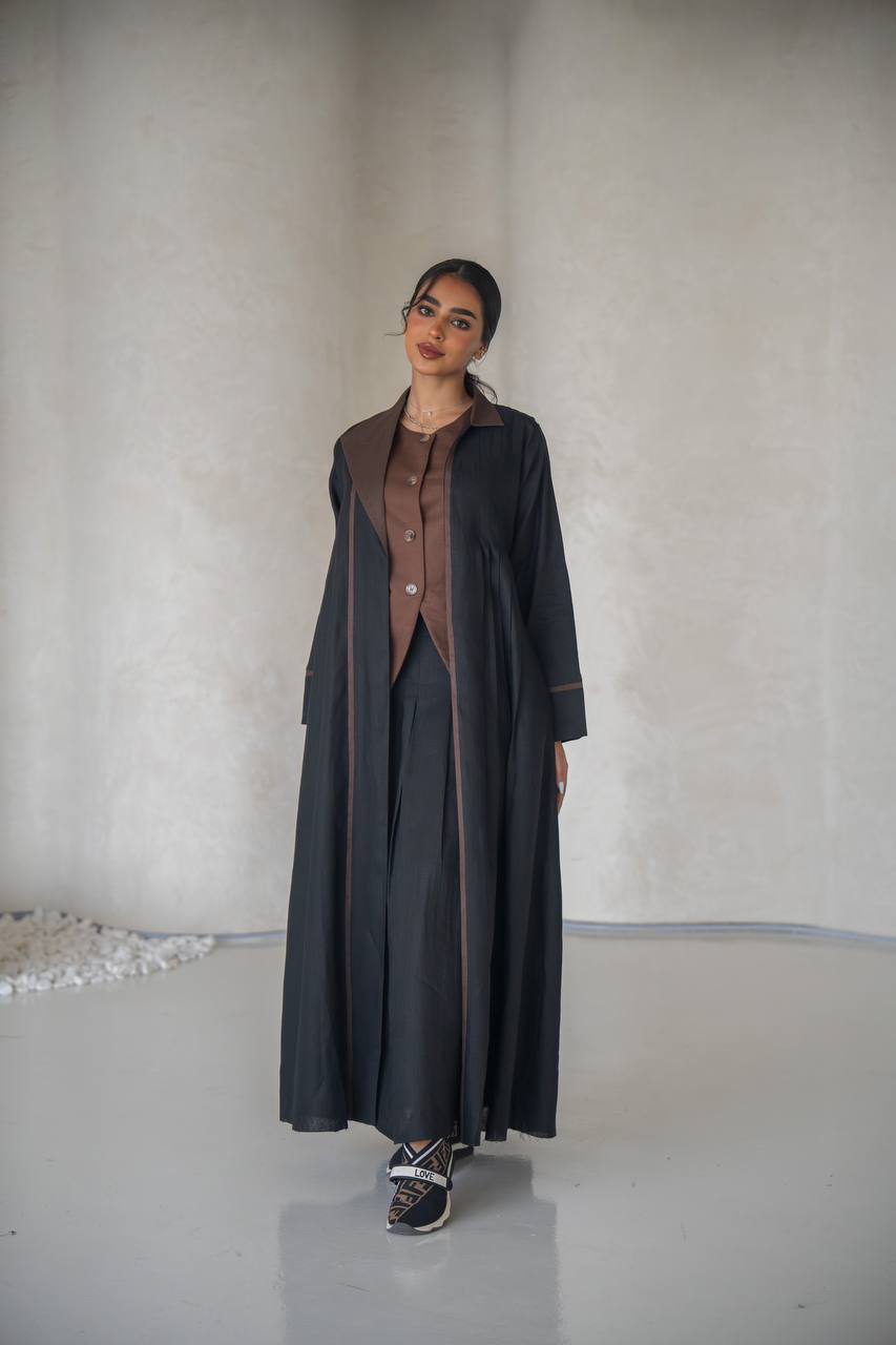 Black blazer abaya with inner set, made of linen C:6636 Black-Brown
