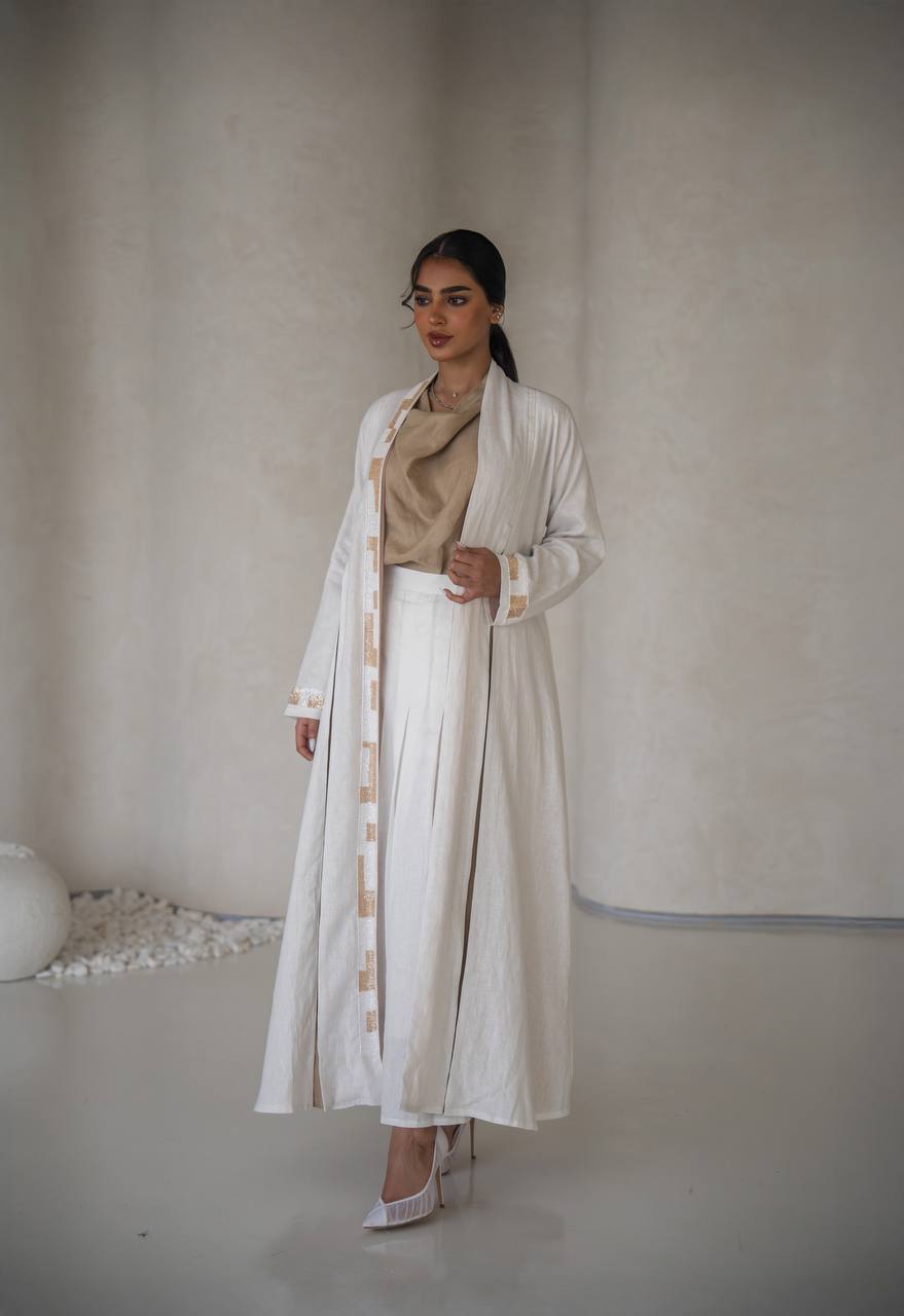 White linen abaya with inner set C:6640 White