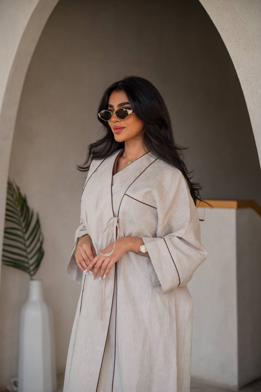 Abaya with inner set, beige, linen C:6635 (Free size)