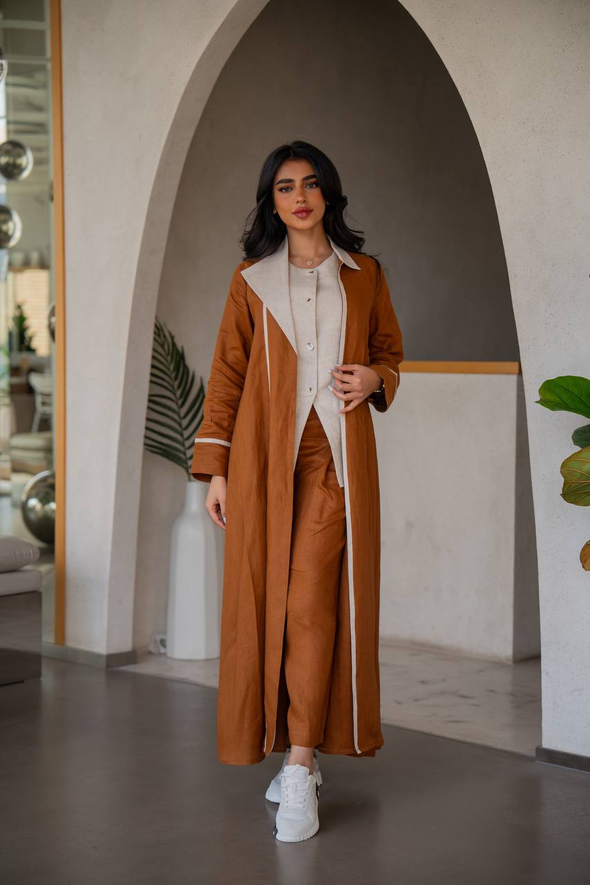Abaya with inner set made of linen in camel and beige C:6636