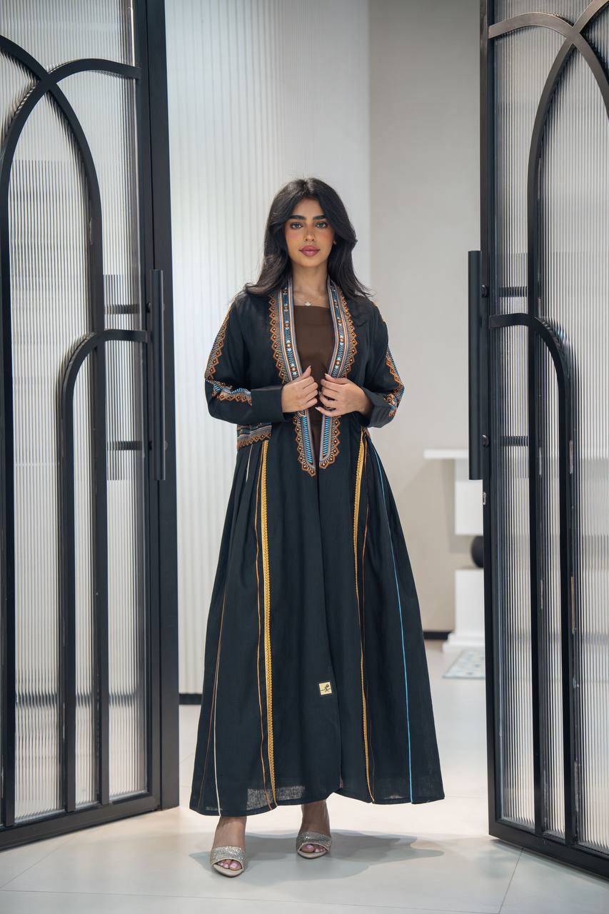 Black linen abaya with embroidery C:6605