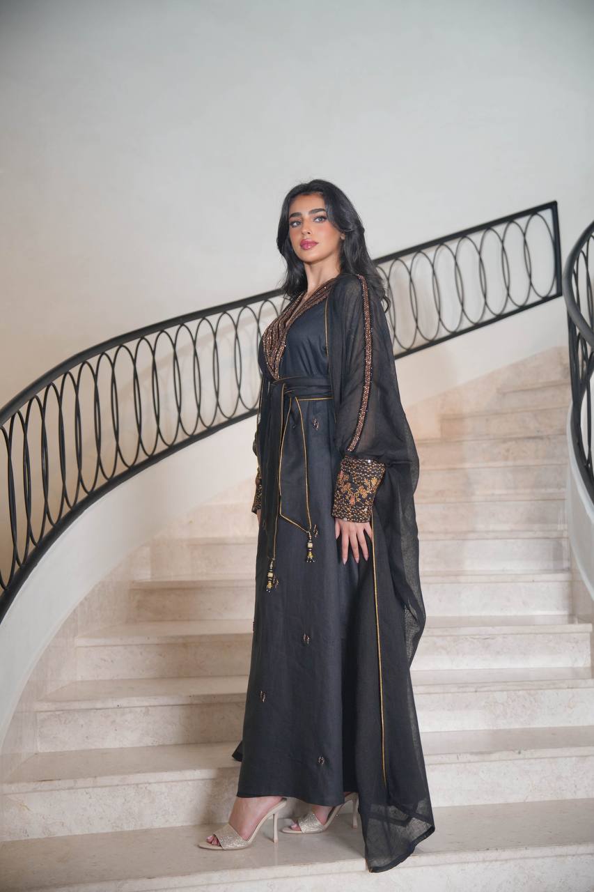 Burlap Bisht with Black Linen Dress with Hand Embroidery C:6613