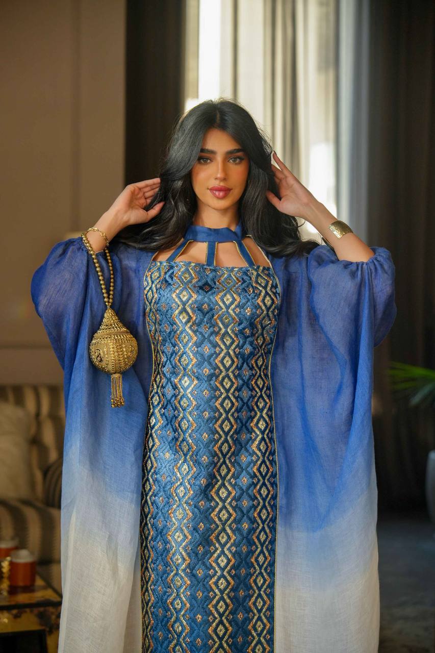 دراعة من الكتان باللون الأزرق والبيج الفاتح C:6609