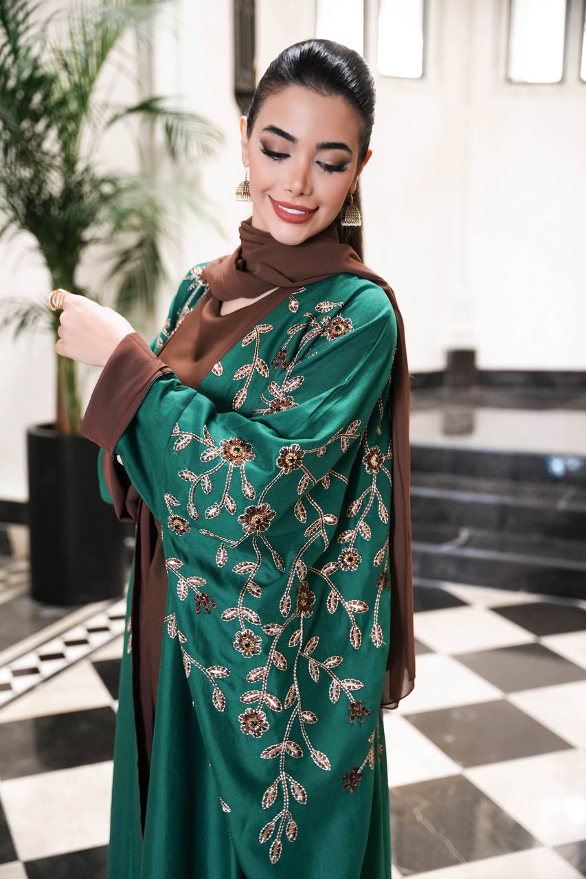 Green linen bisht abaya with embroidery C:6595 Green
