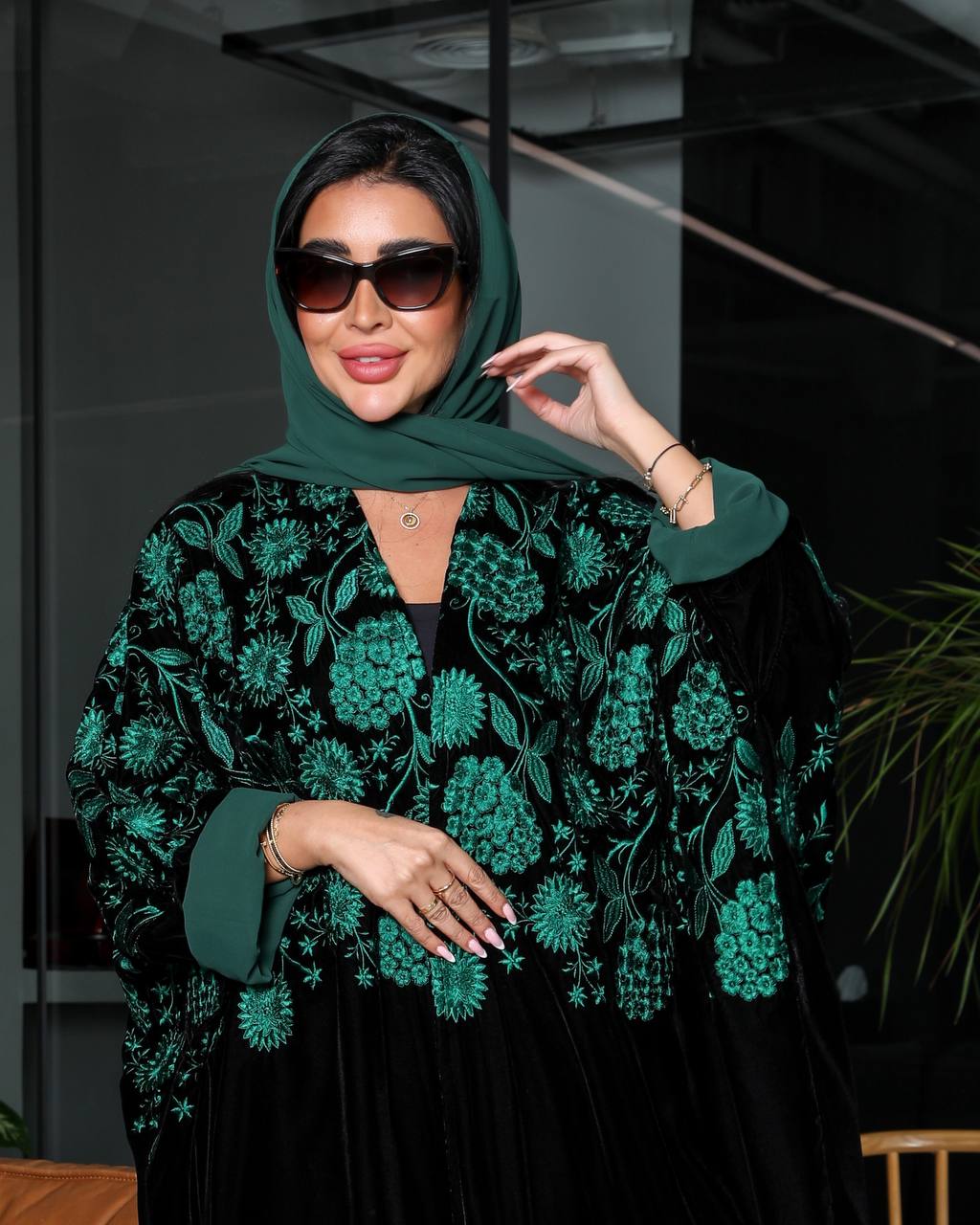 Bisht Abaya Black Embroidered Green 6340 Green (Free size)