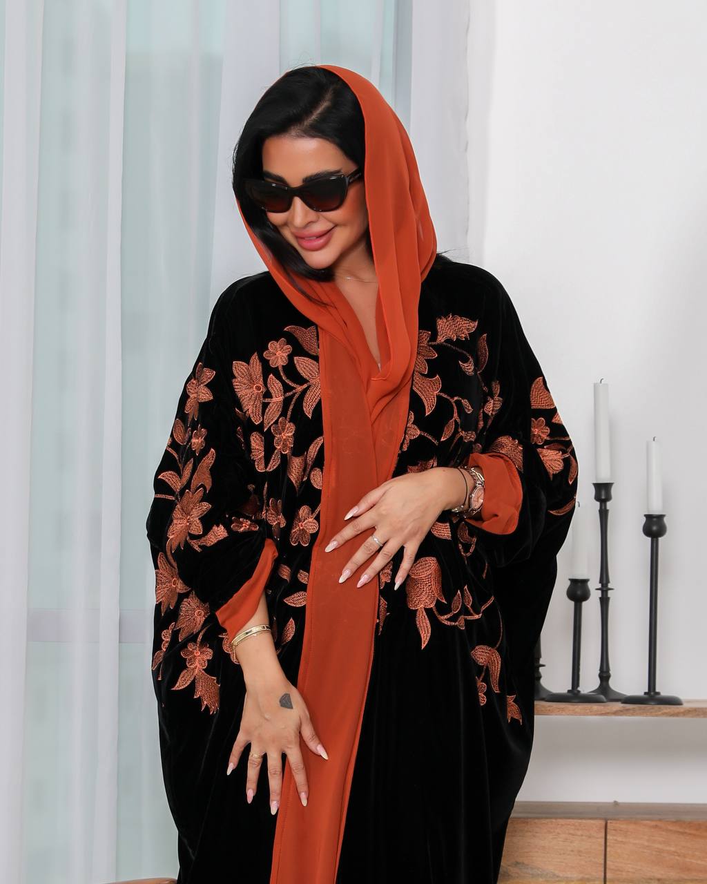 Black Besht Abaya with Orange Embroidered 6340 (Free size)