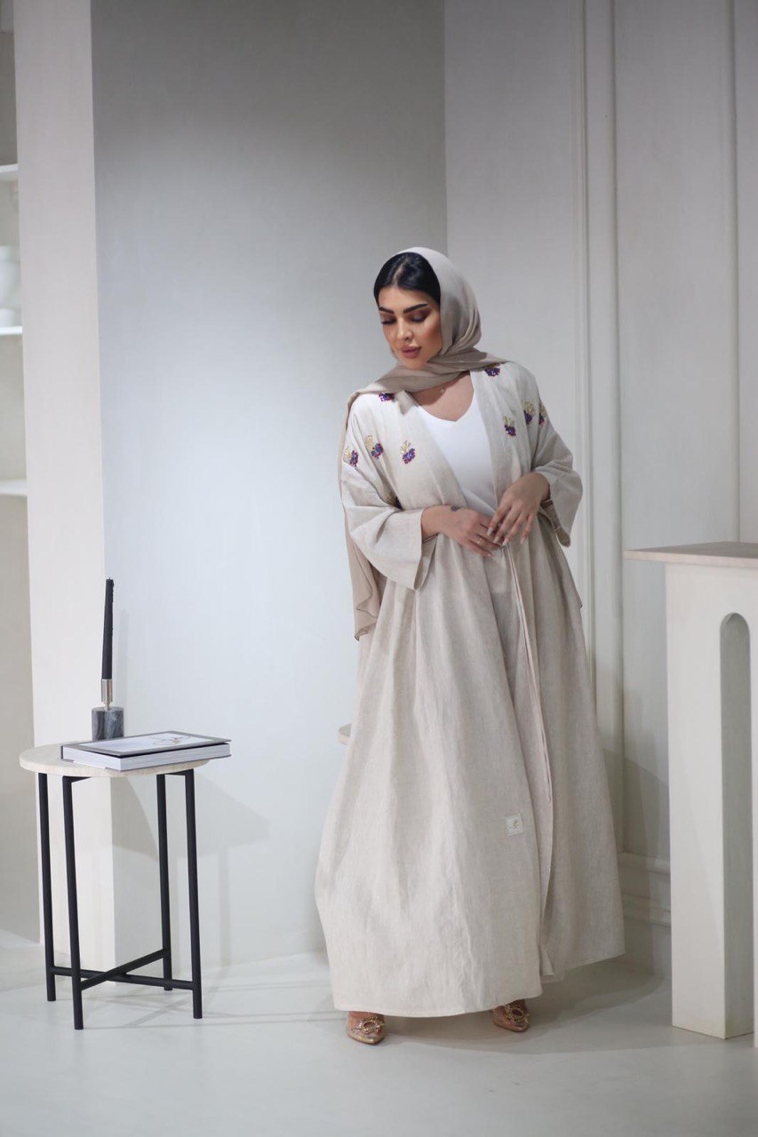 ABAYA LINEN BEIGE WITH HAND EMBROIDERY C:3026beige (Free size)