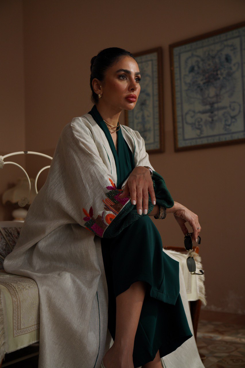 Beige Linen Bisht Abaya with Hand Embroidery C:6408 (Free size)