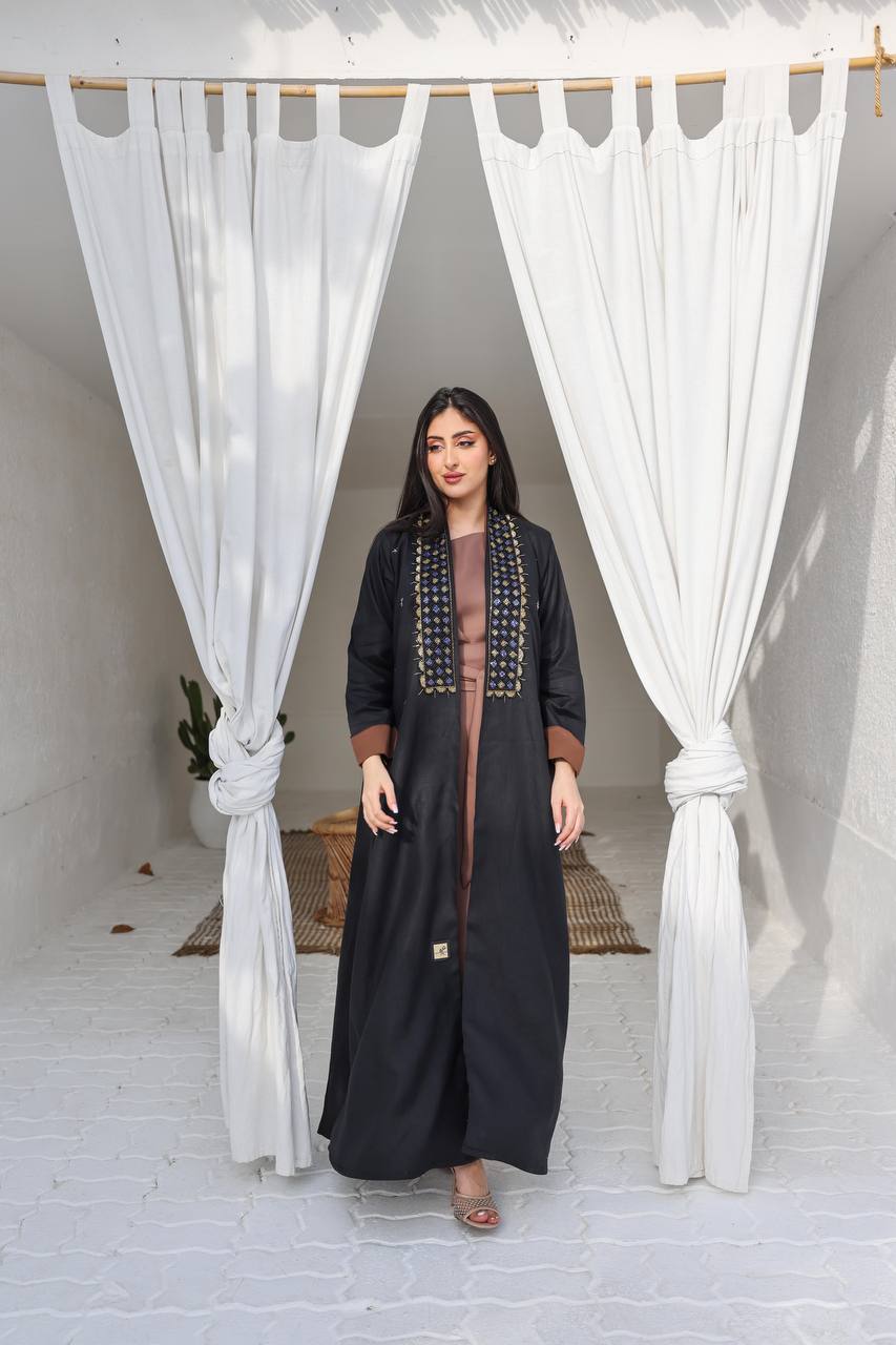 ABAYA BLACK LINEN WITH HANDMADE BEAT C:6426