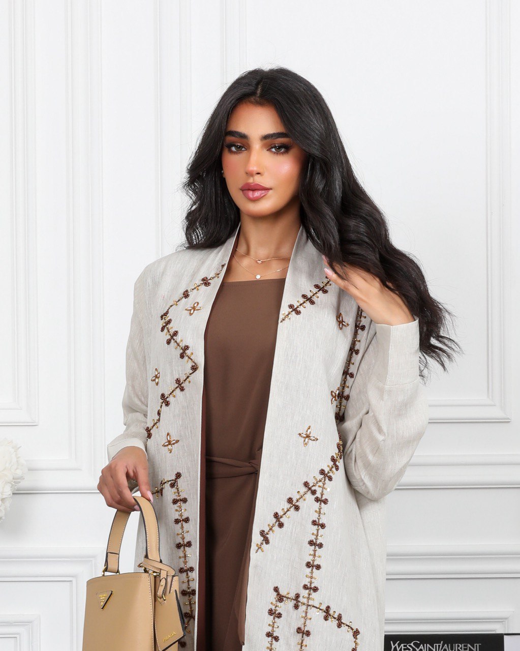 ABAYA BEAGE LINEN WITH PEARL C:6488 BREAGE
