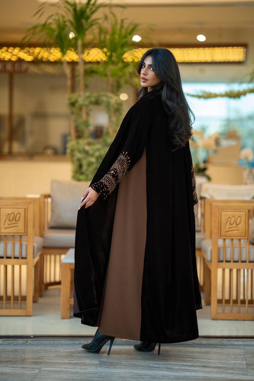 Brown velvet abaya with brown crepe 6579