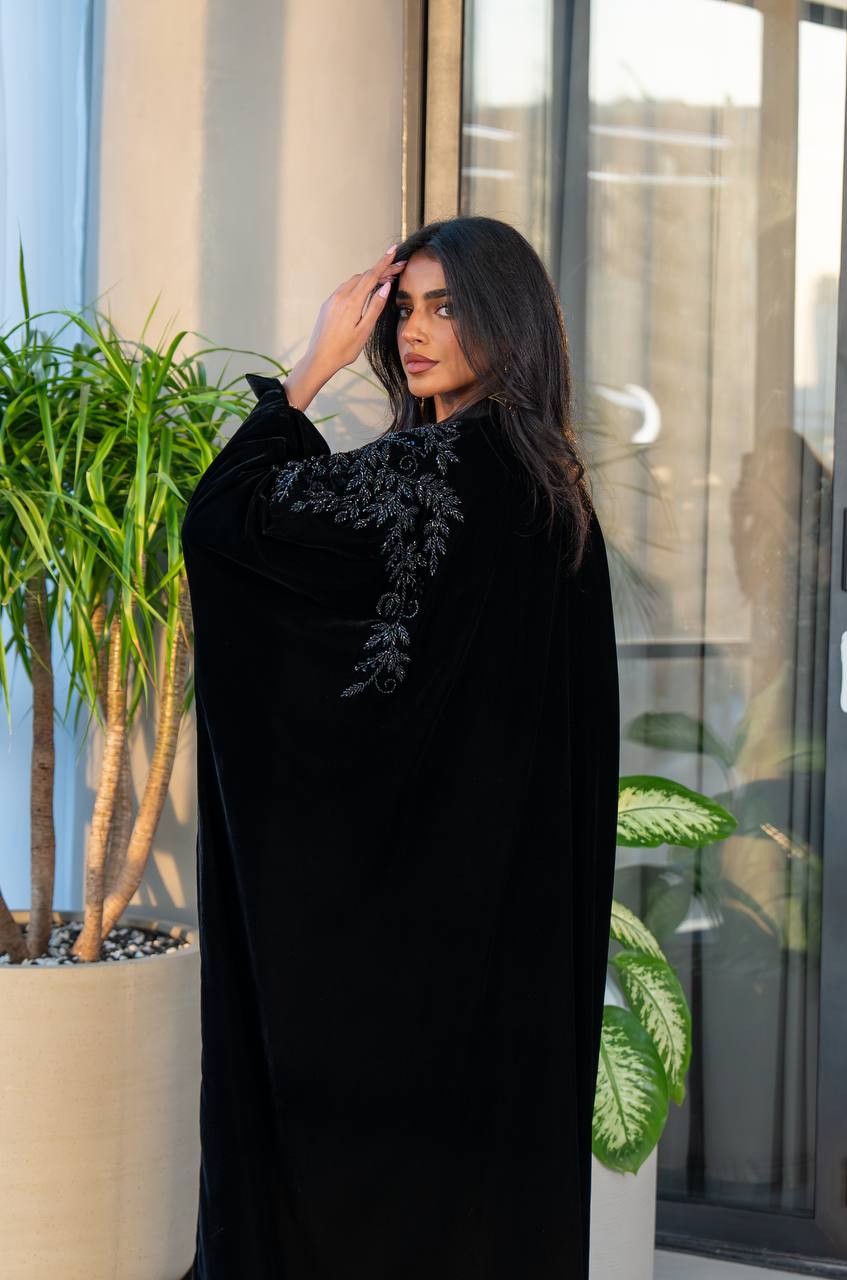 Black velvet bisht abaya with embroidery C:6228 (Free size)