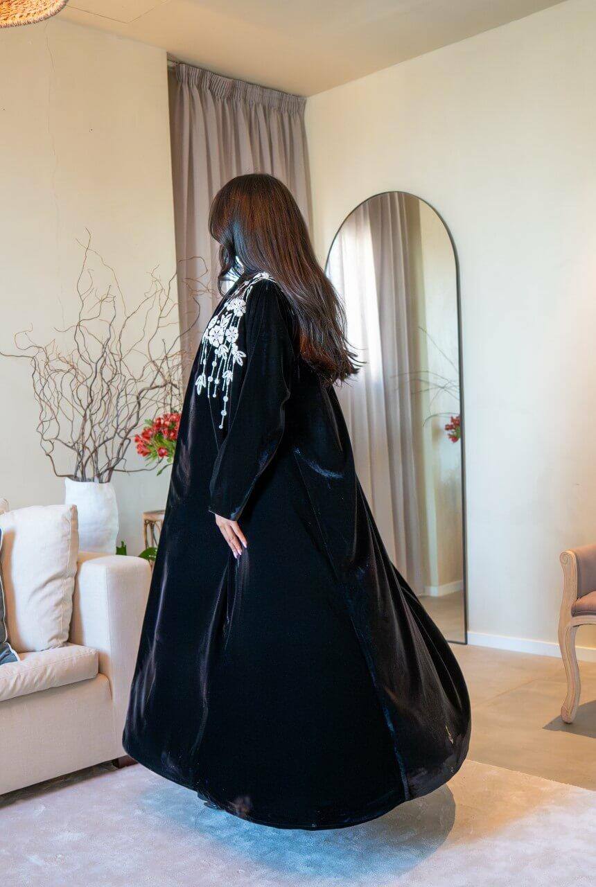 Black velvet abaya with white embroidery C:6570