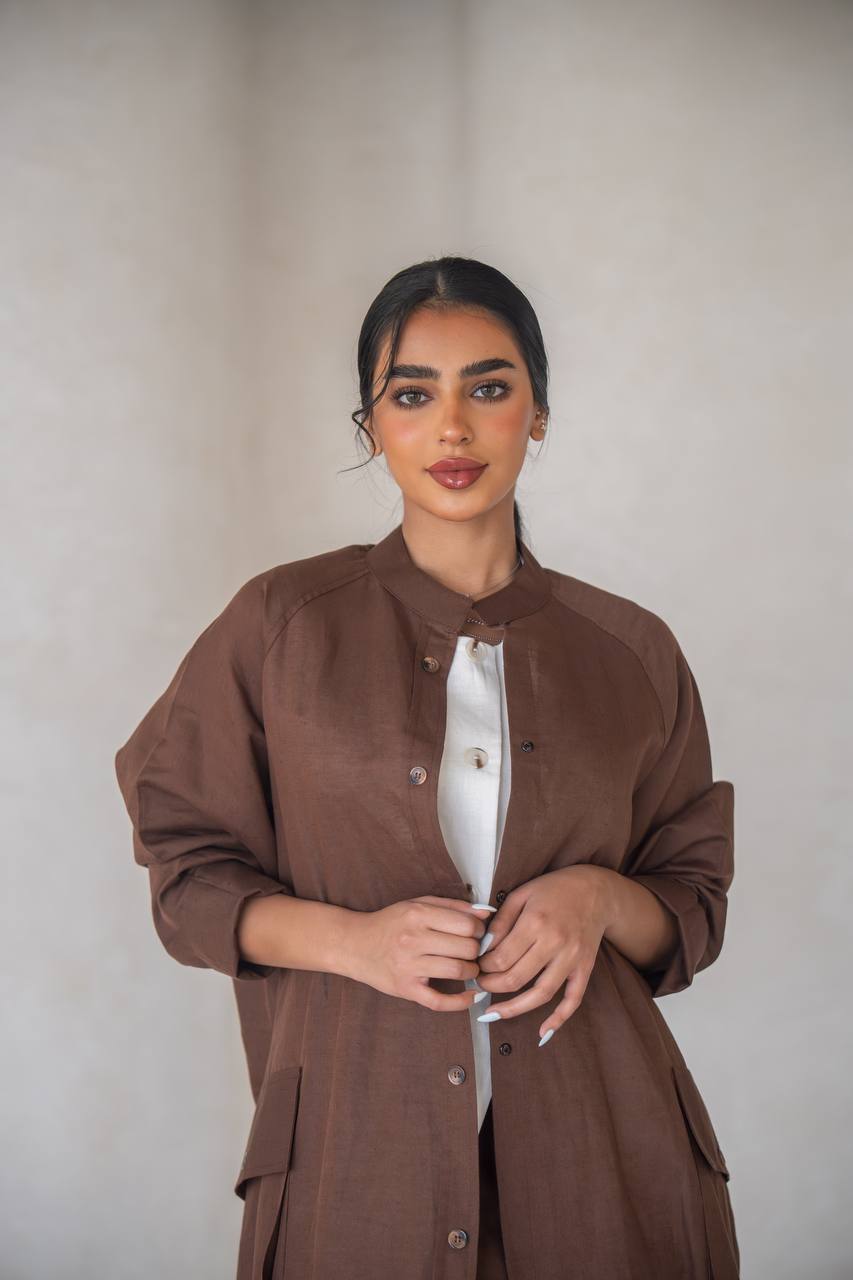Brown linen abaya with inner set C:6639 Brown