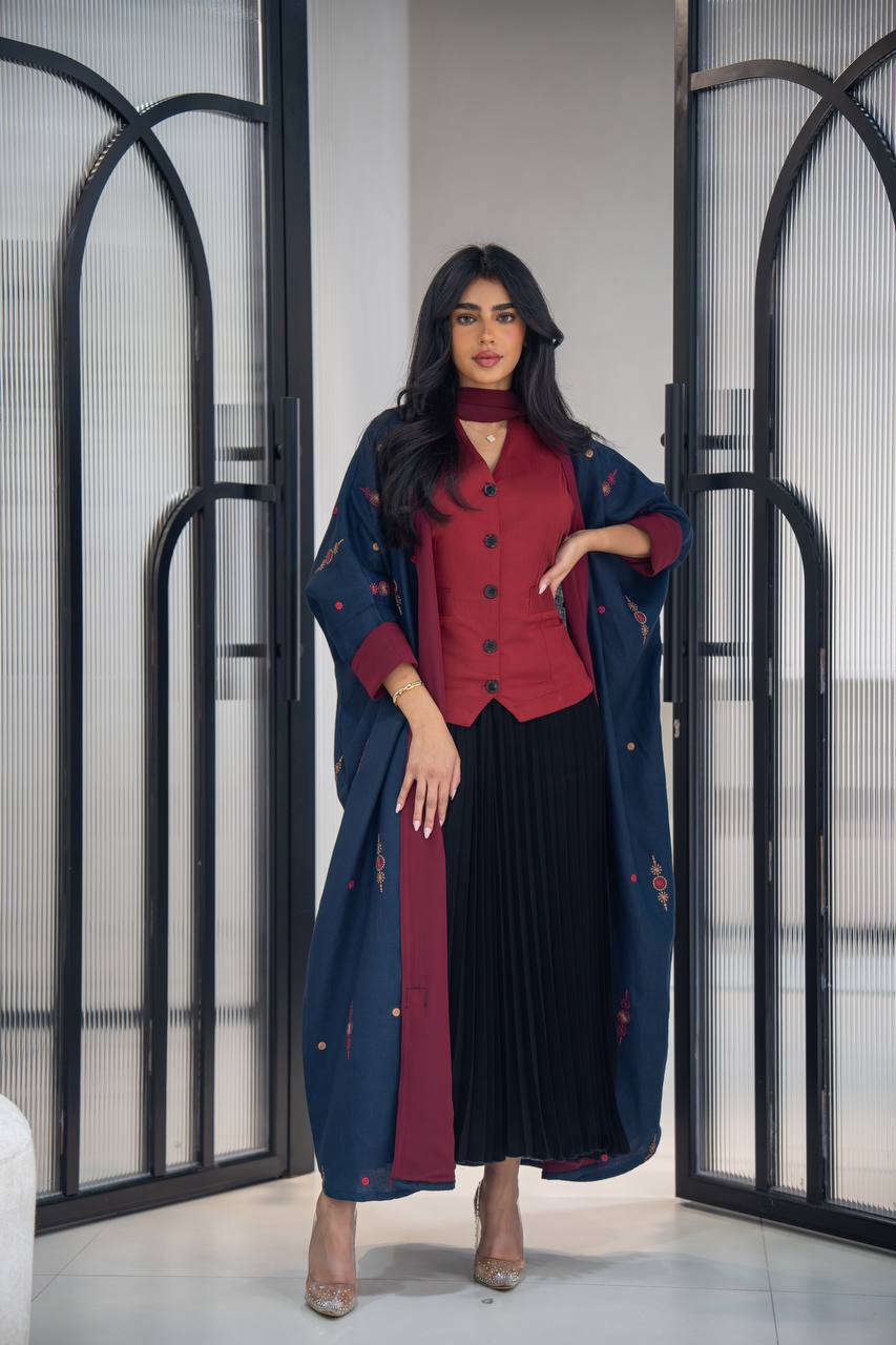 Navy linen abaya with embroidery C:6622