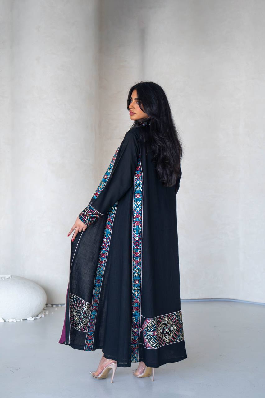 Linen abaya in black with embroidery C:6589 Black