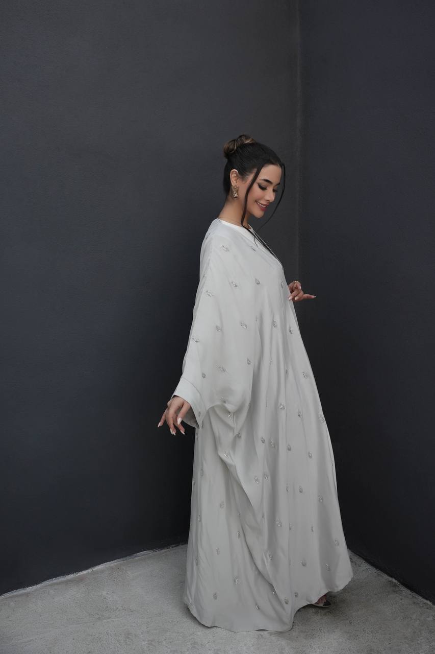 Light beige silk crepe abaya with embroidery C:6387