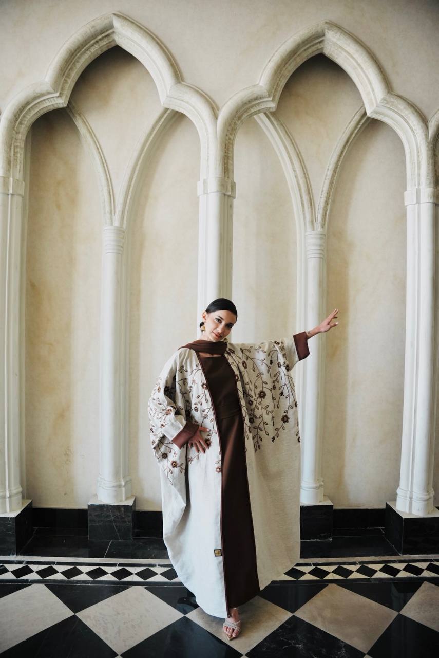 Bisht Linen Abaya in beige color with embroidery C:6595