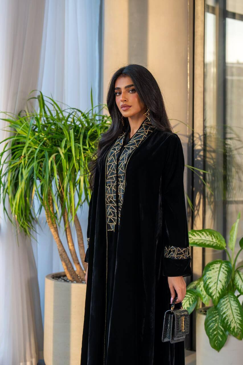 Black velvet abaya with golden embroidery C:6575 Black